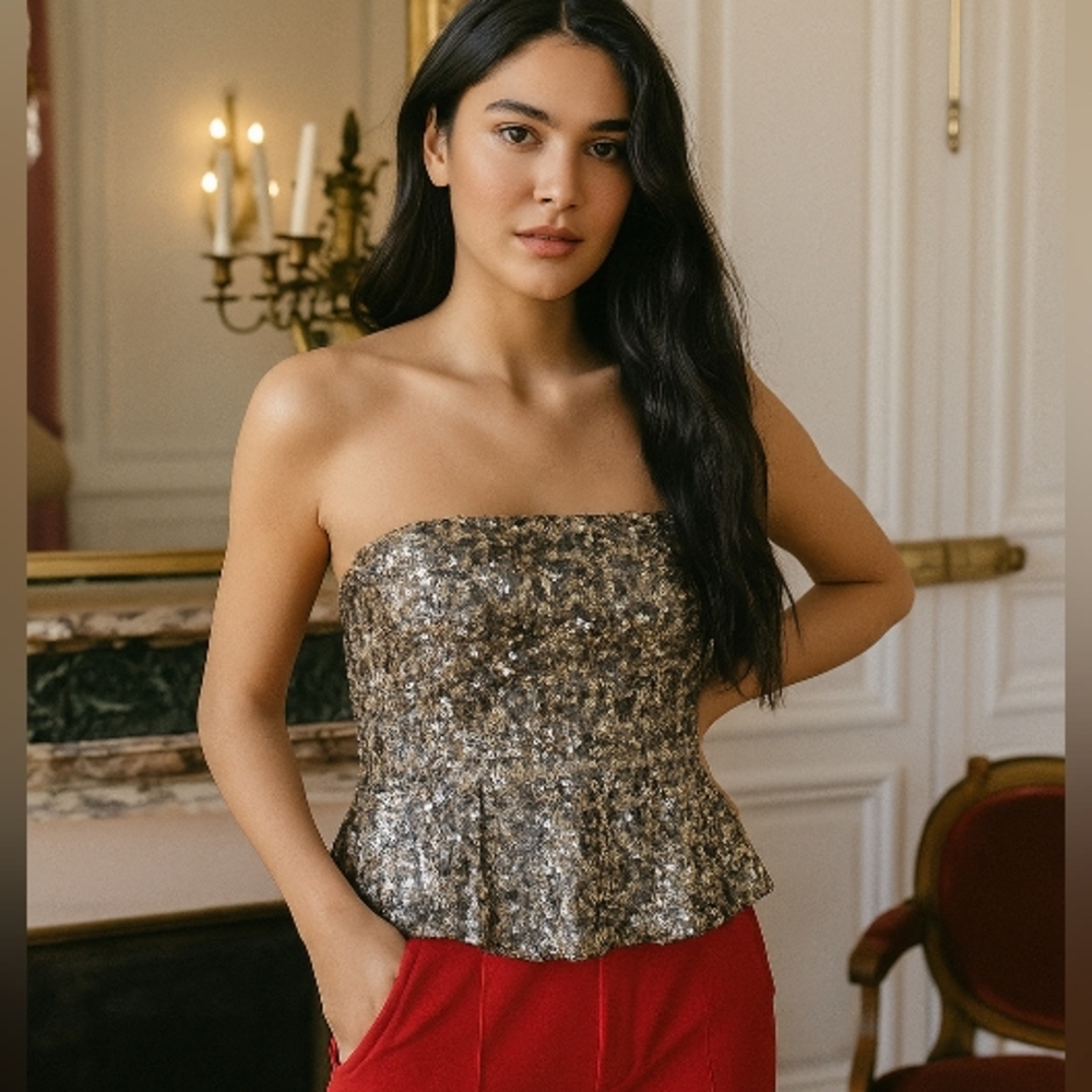 ZARA Trafaluc Sparkling Strapless Sequin Bandeau Holiday Top Sz Small